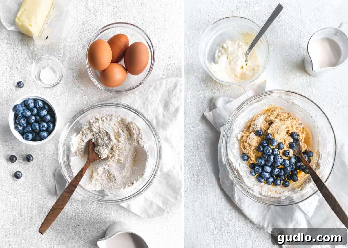 Key Ingredients for Homemade Blueberry Muffins A vibrant collection of baking essentials, including fresh blueberries, flour, and sugar, neatly arranged in separate bowls, ready for combining.