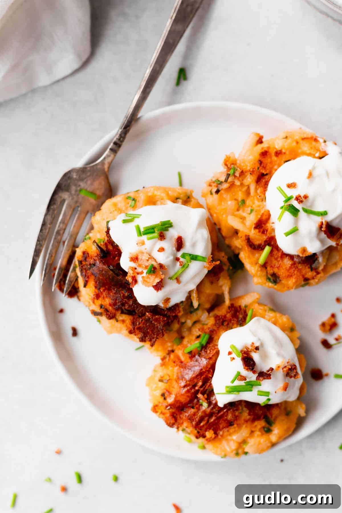 Delicious Leftover Cheesy Potato Pancakes Crispy leftover cheesy potato pancakes beautifully arranged on a white plate, garnished with fresh chives, ready to be enjoyed.