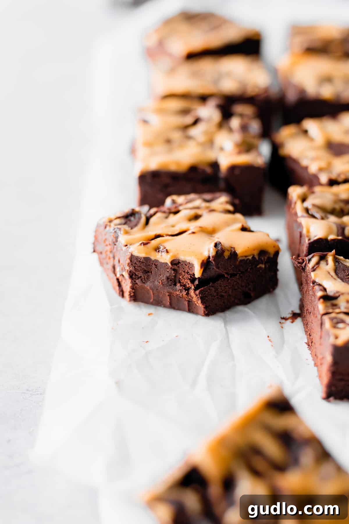 Peanut Butter Chocolate Cheesecake Fudge 5 A perfectly cut piece of peanut butter swirl chocolate cream cheese fudge with a small bite taken out, revealing its creamy texture.