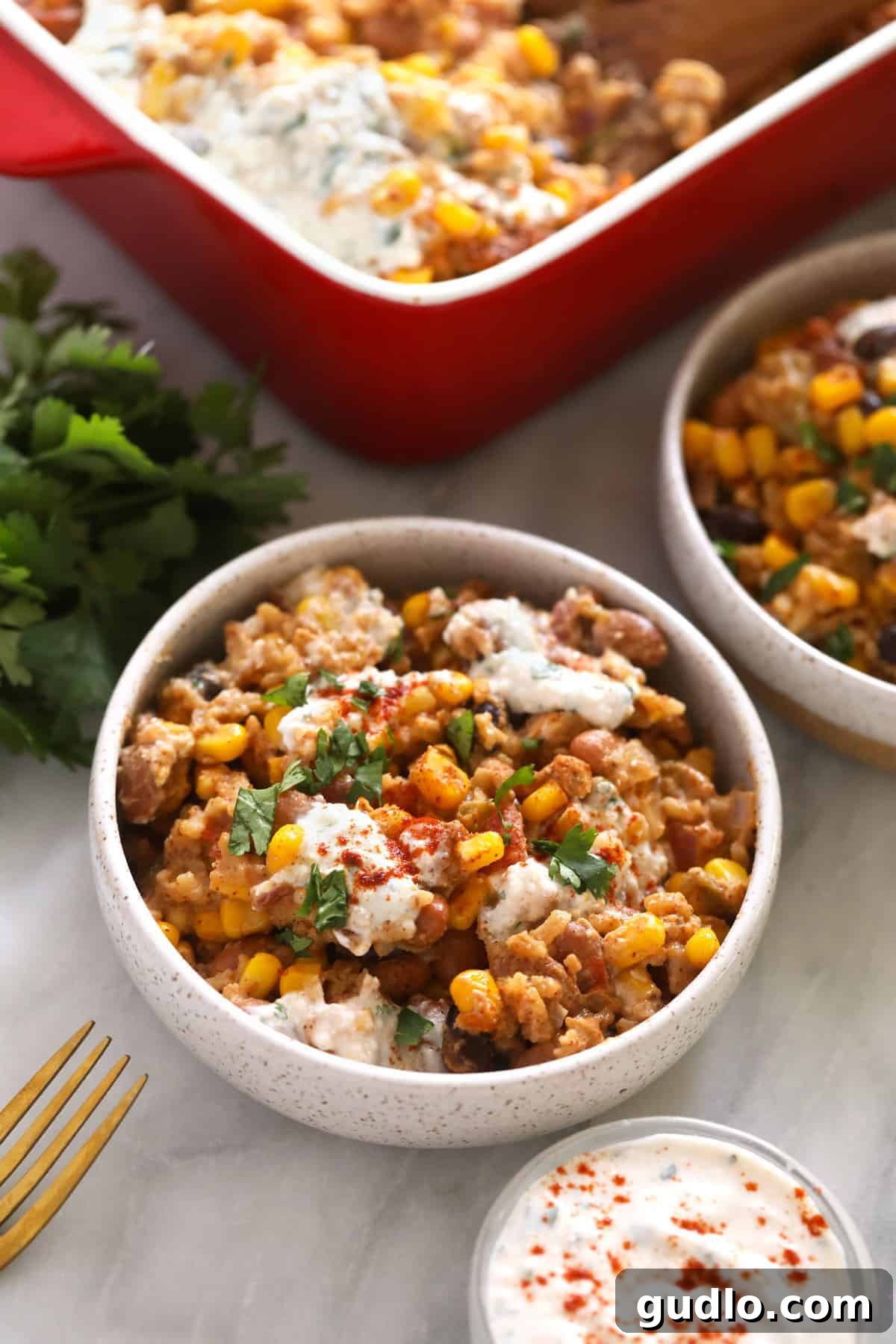 Mexican Street Corn Casserole: A one-dish, hour-long vegetarian delight for the whole family. A generously portioned Mexican street corn casserole in a rustic bowl, garnished with fresh, chopped cilantro, showcasing its rich, creamy texture and vibrant colors.