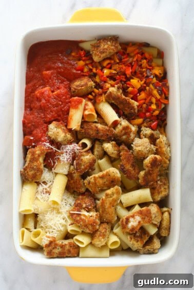 All the ingredients in a casserole dish.