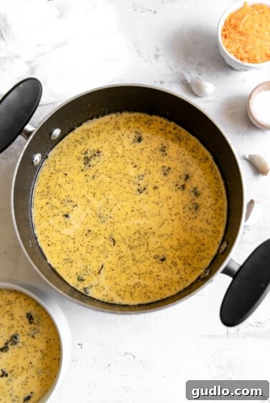A pan with a bowl of finished broccoli cheese soup, garnished and ready to serve.