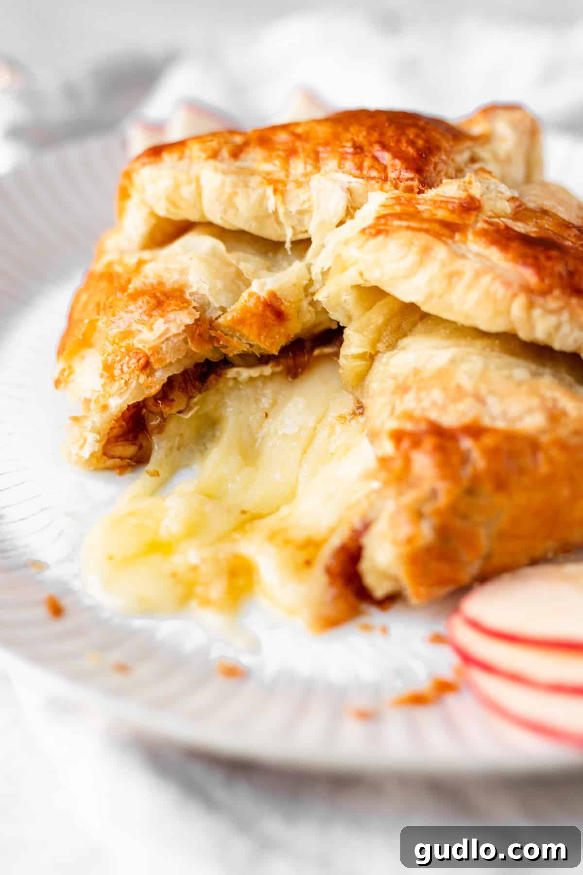 baked brie with oozing cheese and fig jam, served with apple slices and crackers.