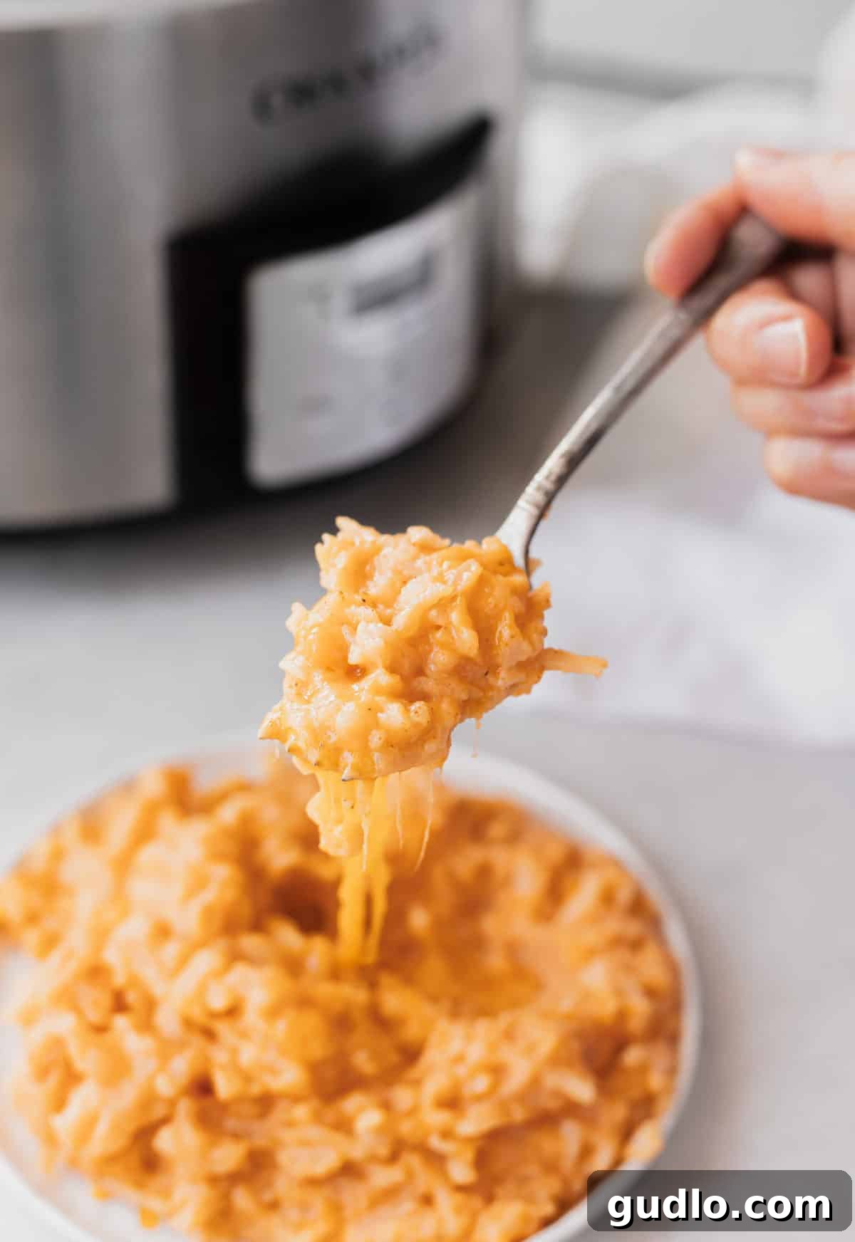 A Crockpot Cheesy Potatoes recipe is a recipe that everyone needs in their back pocket. They're the perfect side to serve at any holiday or gathering because EVERYONE likes them. A fork taking a scoop of easy crockpot cheesy potatoes from a white plate, showcasing the creamy texture.