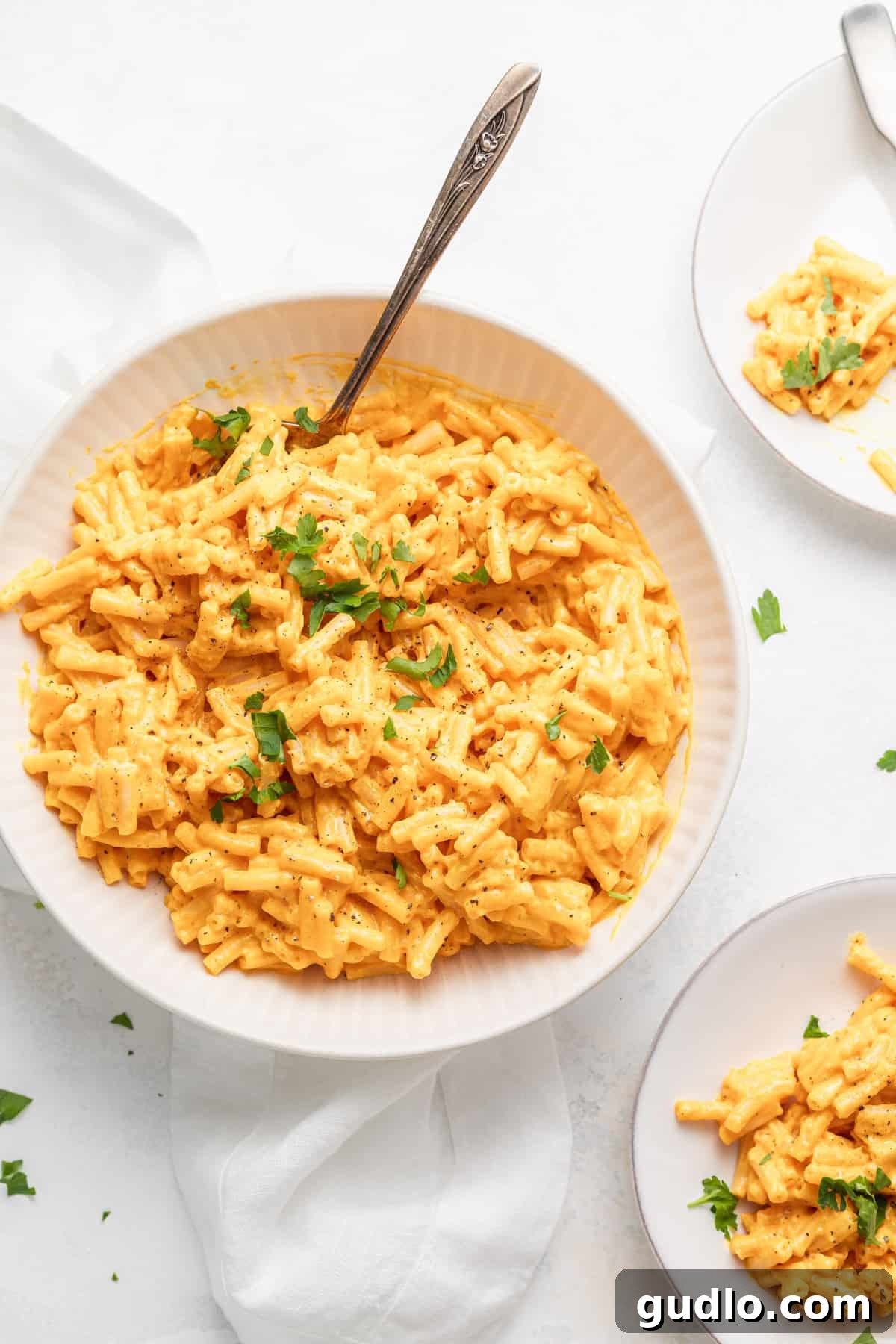 Next-Level Boxed Mac and Cheese Hacks 2 A perfectly creamy bowl of upgraded box mac and cheese, garnished for serving.