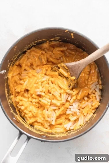 Next-Level Boxed Mac and Cheese Hacks 10 Finished creamy mac and cheese in the pot, ready to serve.