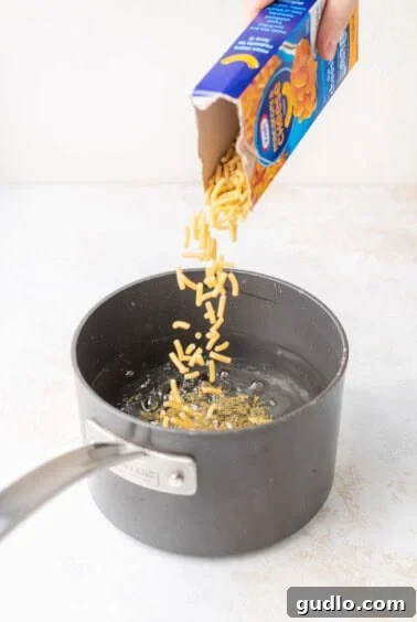Next-Level Boxed Mac and Cheese Hacks 8 Adding macaroni noodles to boiling water.