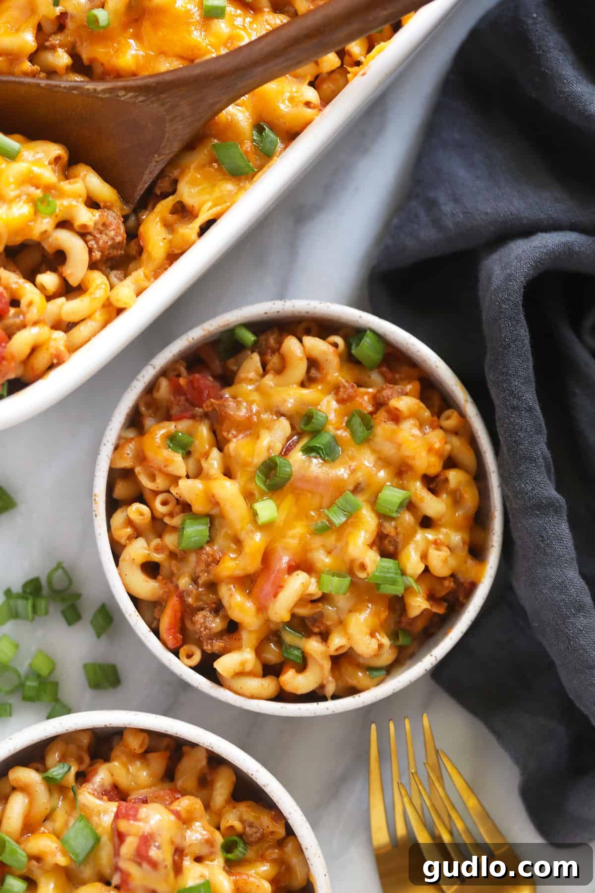 Hamburger casserole in bowl.