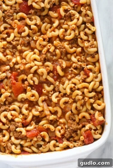 Macaroni and cheese casserole with a touch of cheeseburger.