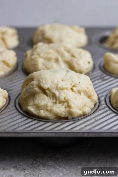 Unbaked biscuit dough portions in a metal muffin tin, ready for baking.