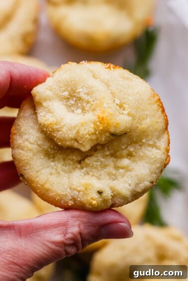 A hand holding a round, baked biscuit topped with grated cheese, with more biscuits blurred in the background.
