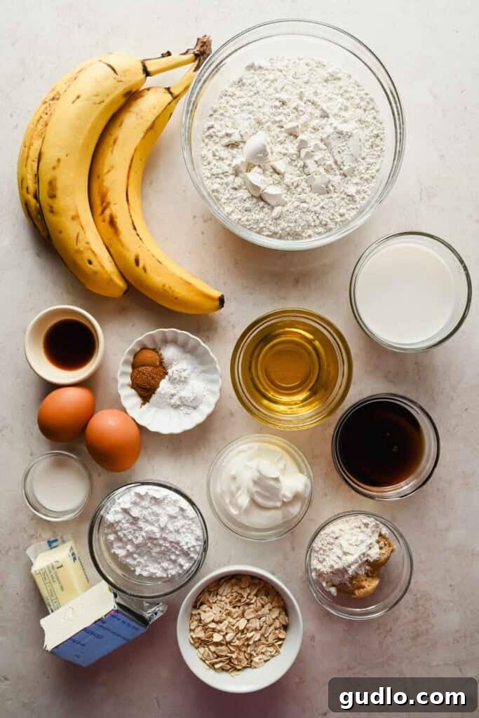 Morning Buzz Banana Cake 3 Ingredients for the best banana coffee cake, including ripe bananas, flour, and brown sugar, laid out on a white surface.