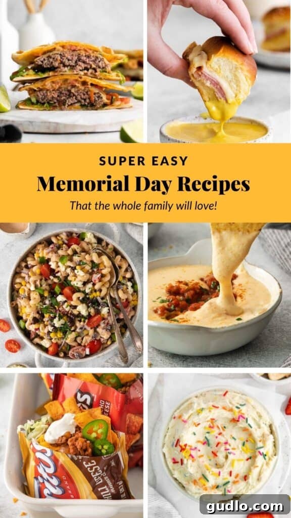 13 Cheesy Memorial Day Recipes That Will Win Your Cookout 2 Collage of easy Memorial Day recipes including quesadilla burgers, ham and cheese sliders, Mexican pasta salad, cottage cheese queso, walking tacos, and funfetti dip