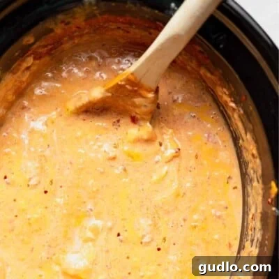 A crock pot filled with queso dip.