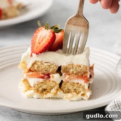 Slice of strawberry tiramisu on a plate with a fork.