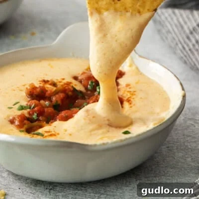a tortilla chip being dipped into a bowl of cheese dip.