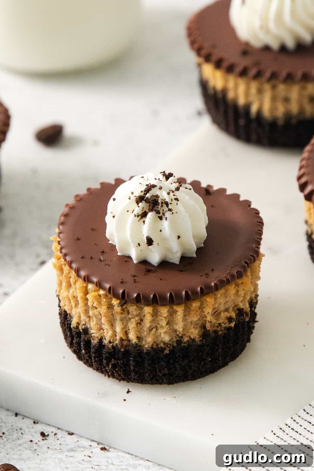 Mini Espresso Cheesecake Cups: No-Bake Coffee Dessert 5 Espresso cheesecake cup on a small white plate with a bite taken out showing the creamy filling.
