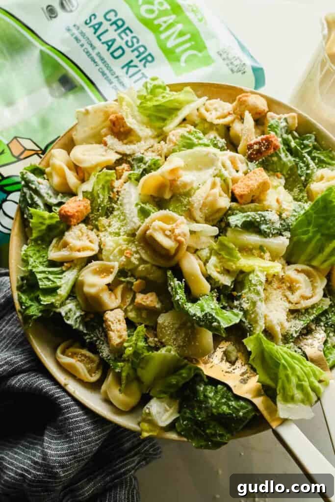 A delicious bowl of tortellini Caesar salad featuring tender tortellini, crisp croutons, and grated cheese on top, served next to a convenient salad kit package.