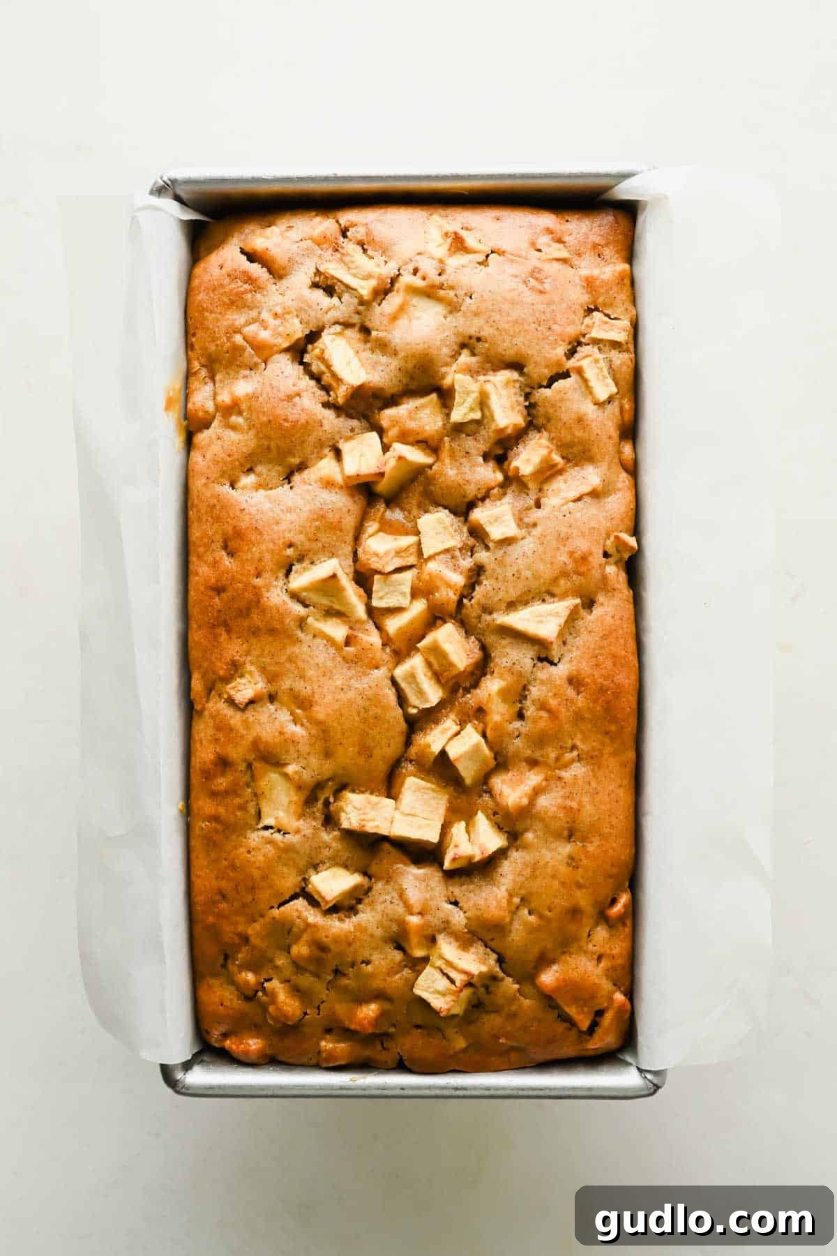 Apple Fritter Bread with Cream Cheese Swirl 8 Freshly baked apple fritter bread in a parchment-lined loaf pan